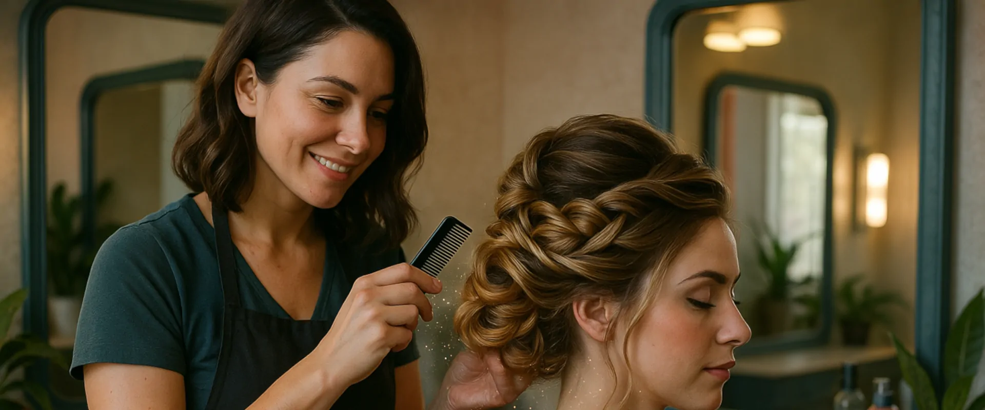Emma Whitten working on a beautiful wedding updo hairstyle in her Spokane salon